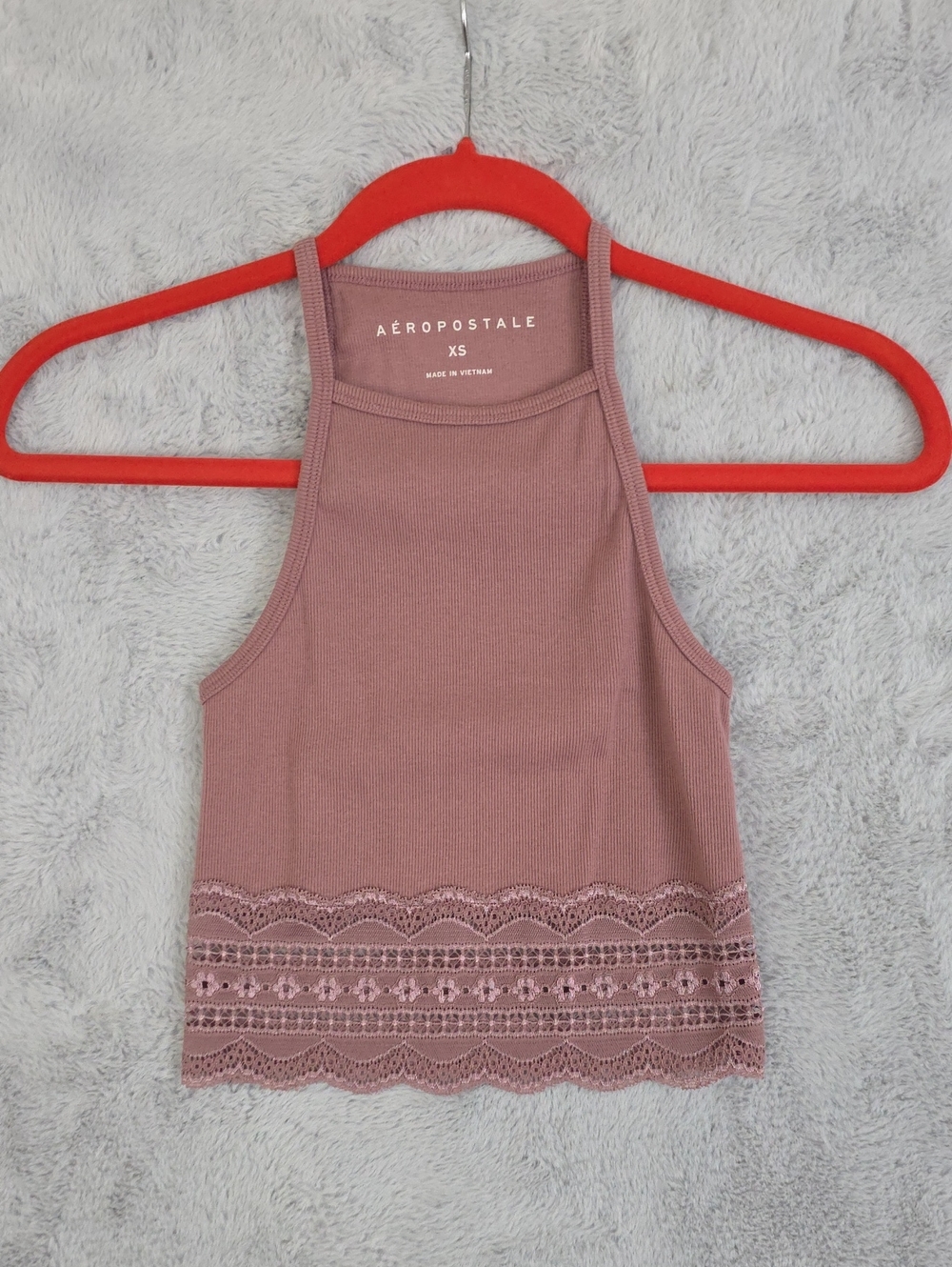 Aeropostale Ribbed Lace Trim Crop Tank Top Mauve Pink High Neck Women's XS  Alte